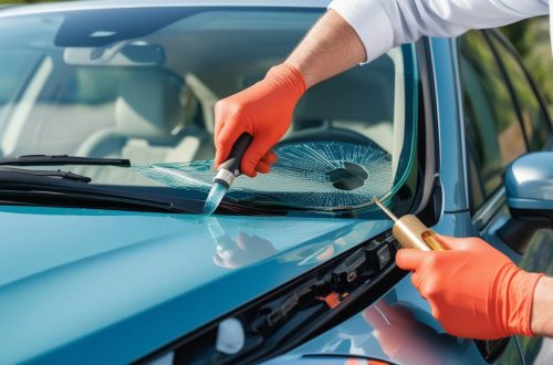 Лобовое стекло автомобиля с небольшим сколом, ремонт трещины профессиональными инструментами